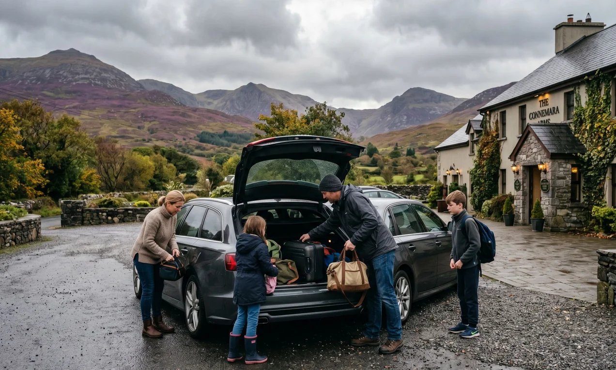 Family loading luggage into a modern estate car outside a hotel in Connemara. Purple hills in the distance, overcast sky. Blurred Irish plate, no rental decals. Candid DSLR style.