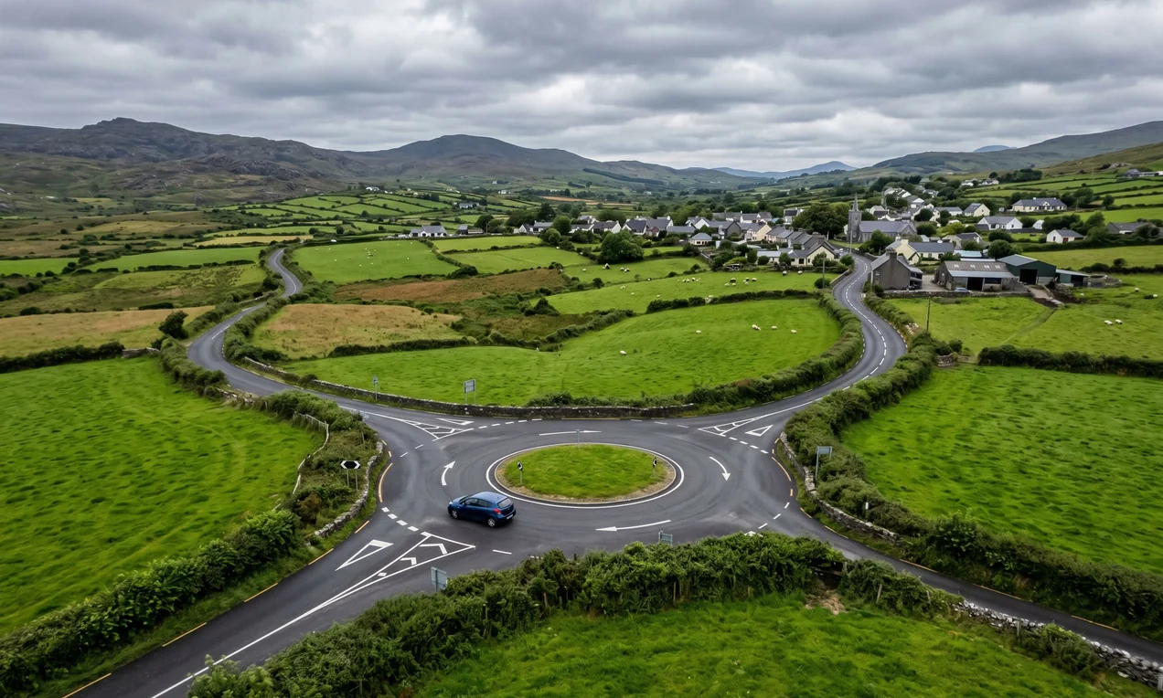 Aerial view of a rural Irish roundabout with a car entering, green fields and a small village in the background. Overcast day. No visible car branding.