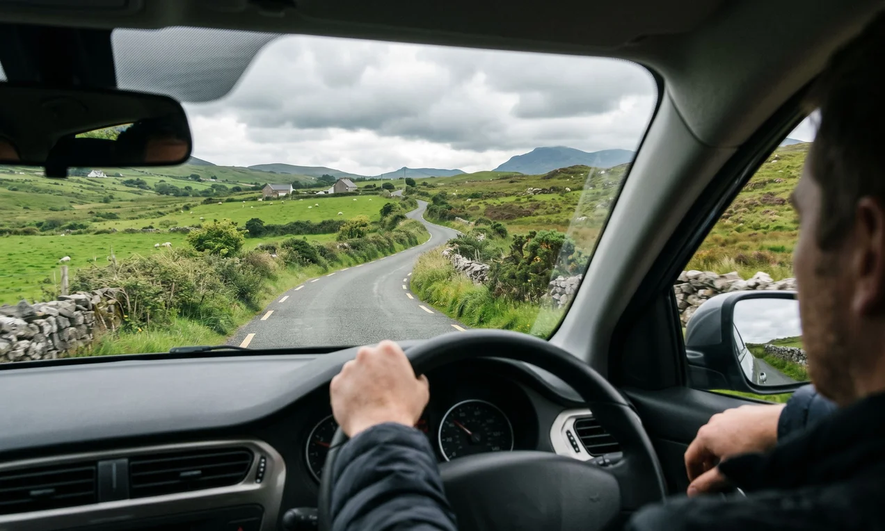 Driver's view from behind the wheel of a modern car on an Irish country road, left-hand driving position visible, green fields ahead. No branding. Natural light. Documentary DSLR style.