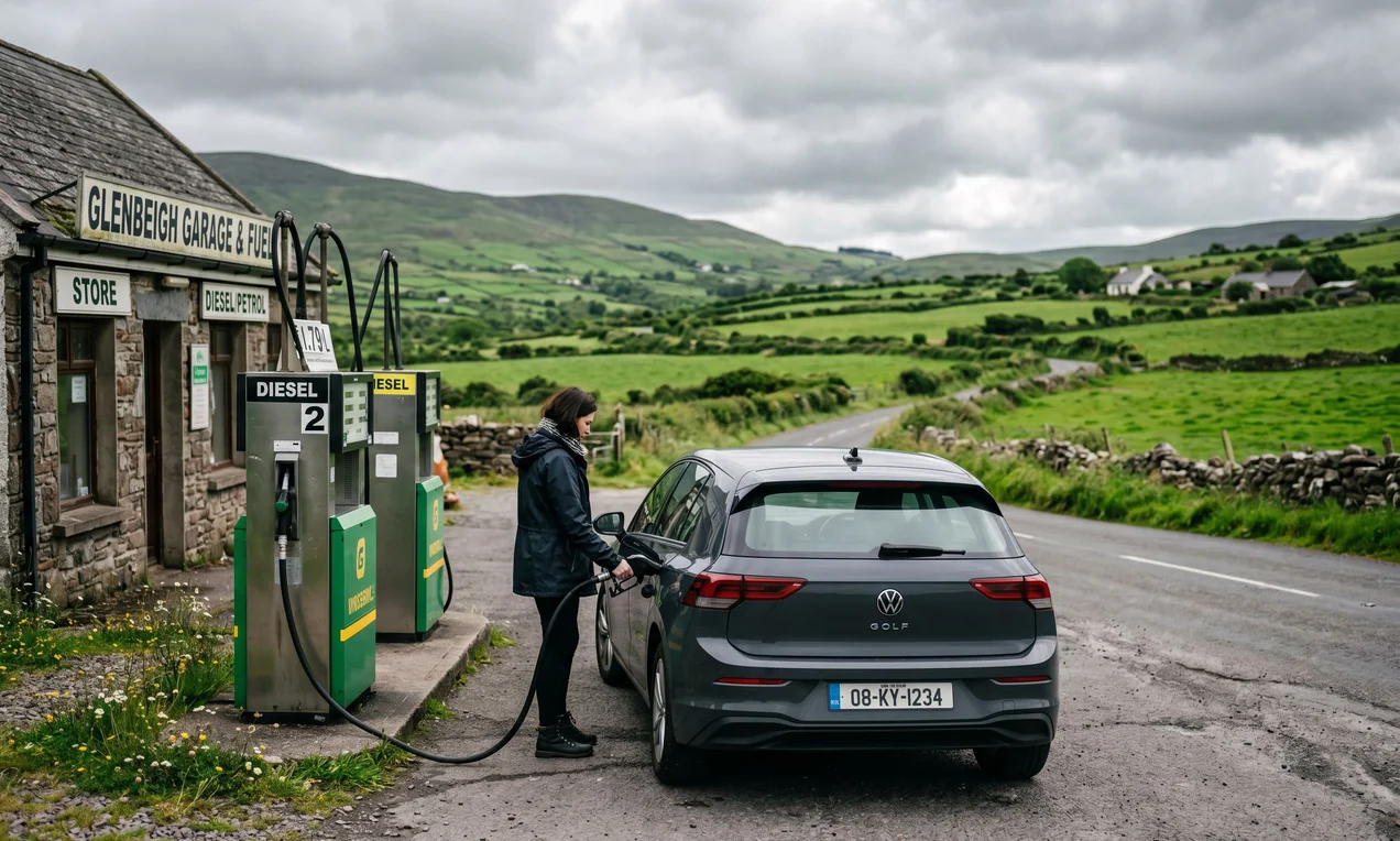 Modern car at a fuel pump in a rural Irish petrol station, green fields visible in the background. Blurred Irish plate, no decals. Natural overcast light.