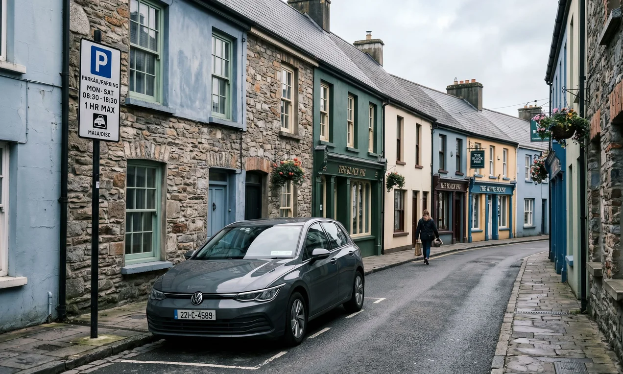 Modern car parallel parked on a narrow street in an Irish town, stone buildings behind, parking sign visible on a pole. Overcast day, no decals. Documentary style.