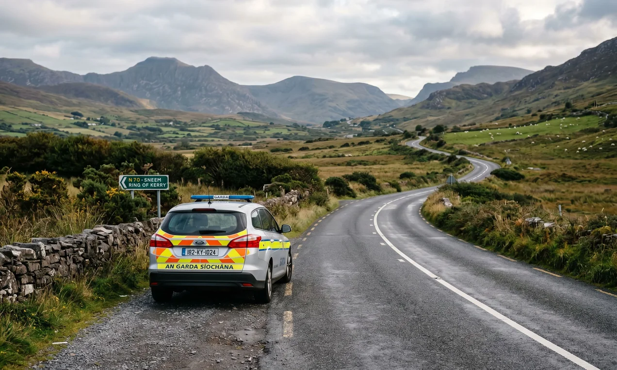 Garda patrol car on the hard shoulder of an Irish regional road, blue lights off, rural background. No decals. Natural light.
