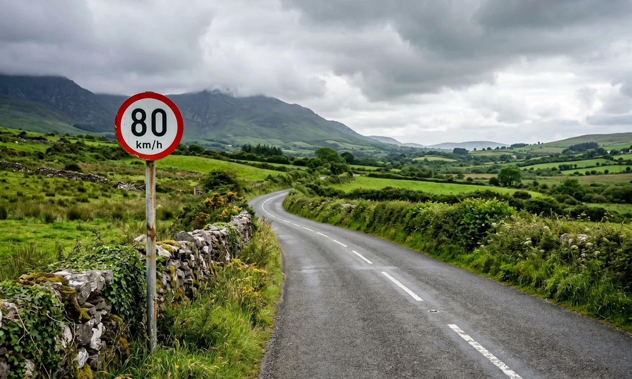 Irish speed limit sign on a rural road showing 80 km/h, with green fields and a stone wall behind it. Overcast day. Clean composition, no other road users visible.