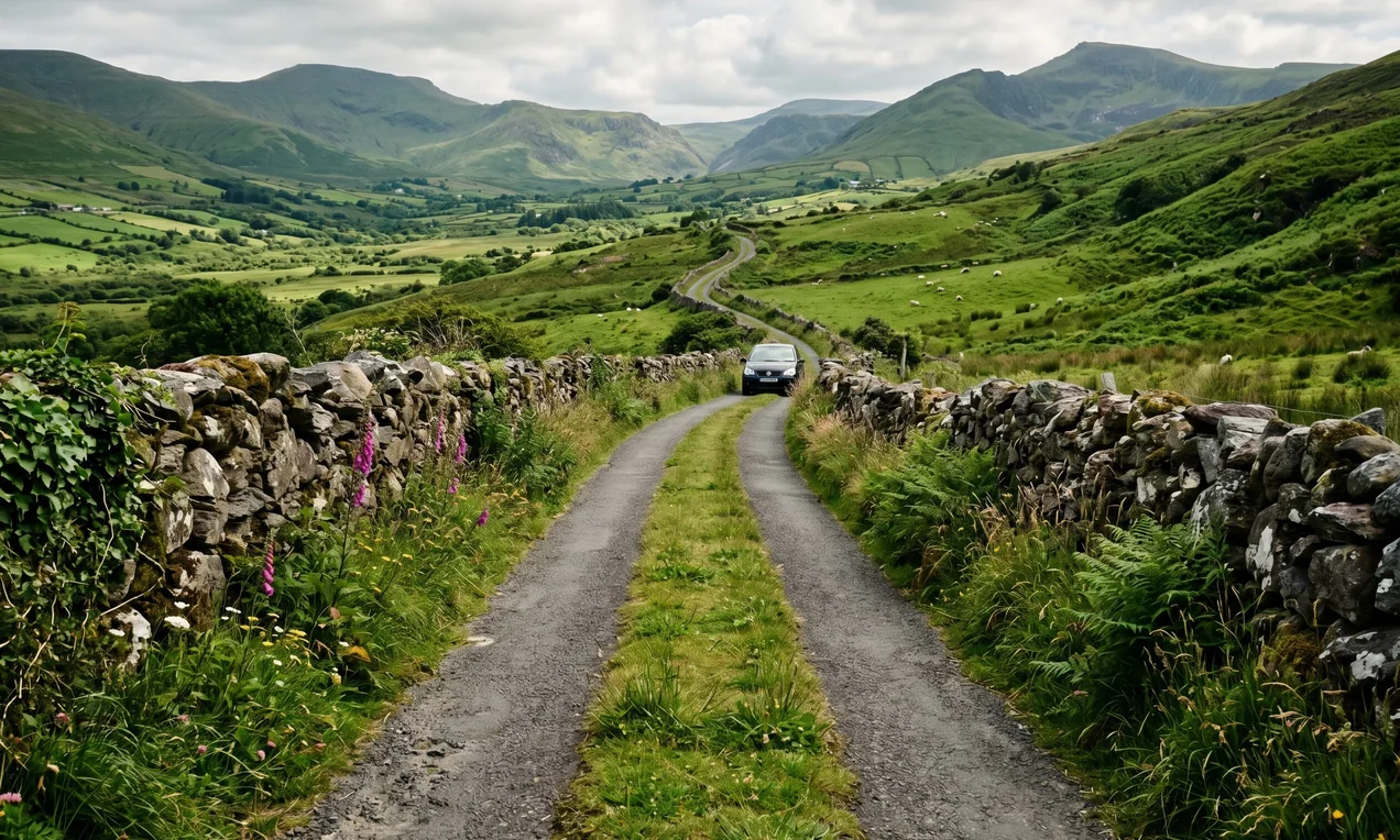Narrow Irish boreen with grass growing down the centre, stone walls on both sides, a car approaching in the distance. Green landscape. No branding. Natural light DSLR.