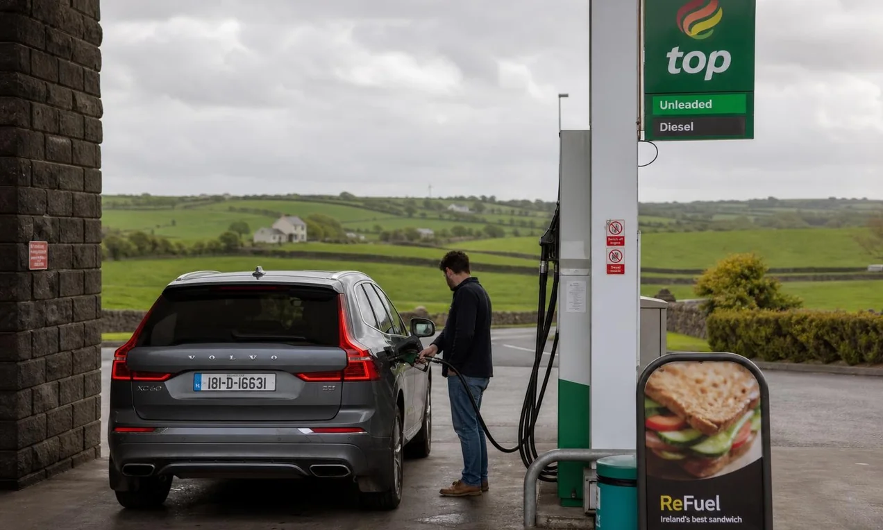 Modern car at a fuel pump in a rural Irish petrol station, green fields visible in the background. Blurred Irish plate, no decals. Natural overcast light.