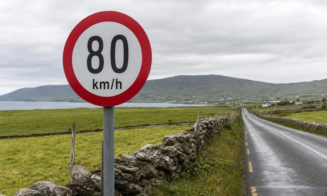 Irish speed limit sign on a rural road showing 80 km/h, with green fields and a stone wall behind it. Overcast day. Clean composition, no other road users visible.