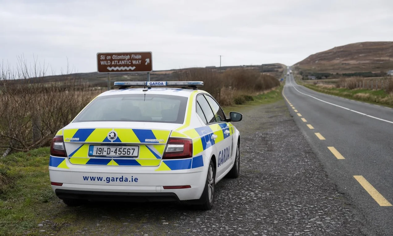 Garda patrol car on the hard shoulder of an Irish regional road, blue lights off, rural background. No decals. Natural light.