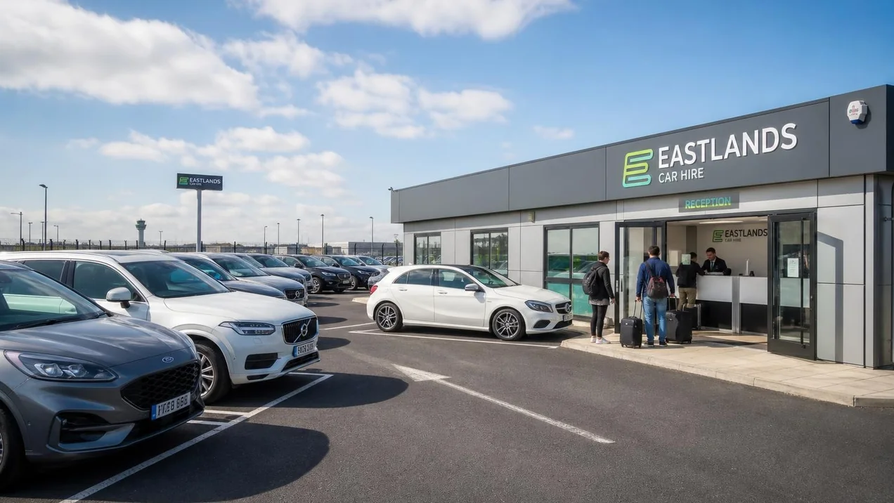 The Eastlands Car Hire Compound at Dublin Airport on a bright morning, with rows of cars parked in marked bays and a modern rental office building.