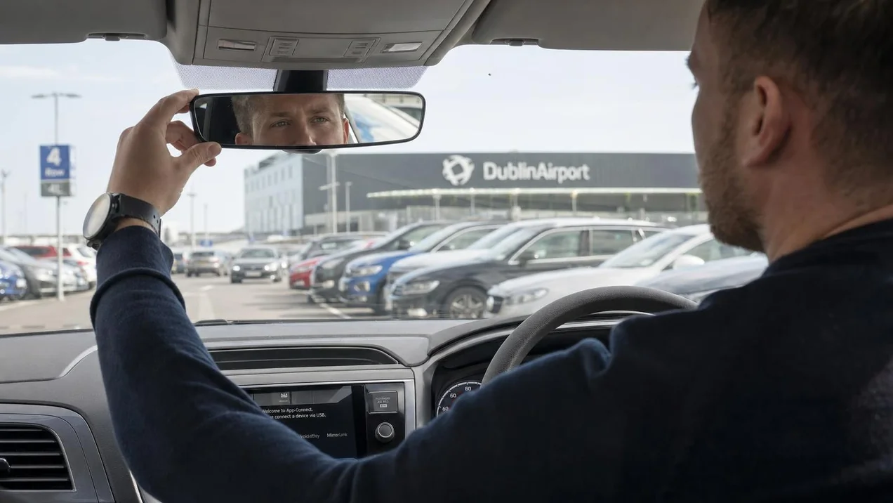 A driver sitting in a modern rental car at Dublin Airport adjusting the rearview mirror, with cars parked in rows behind.