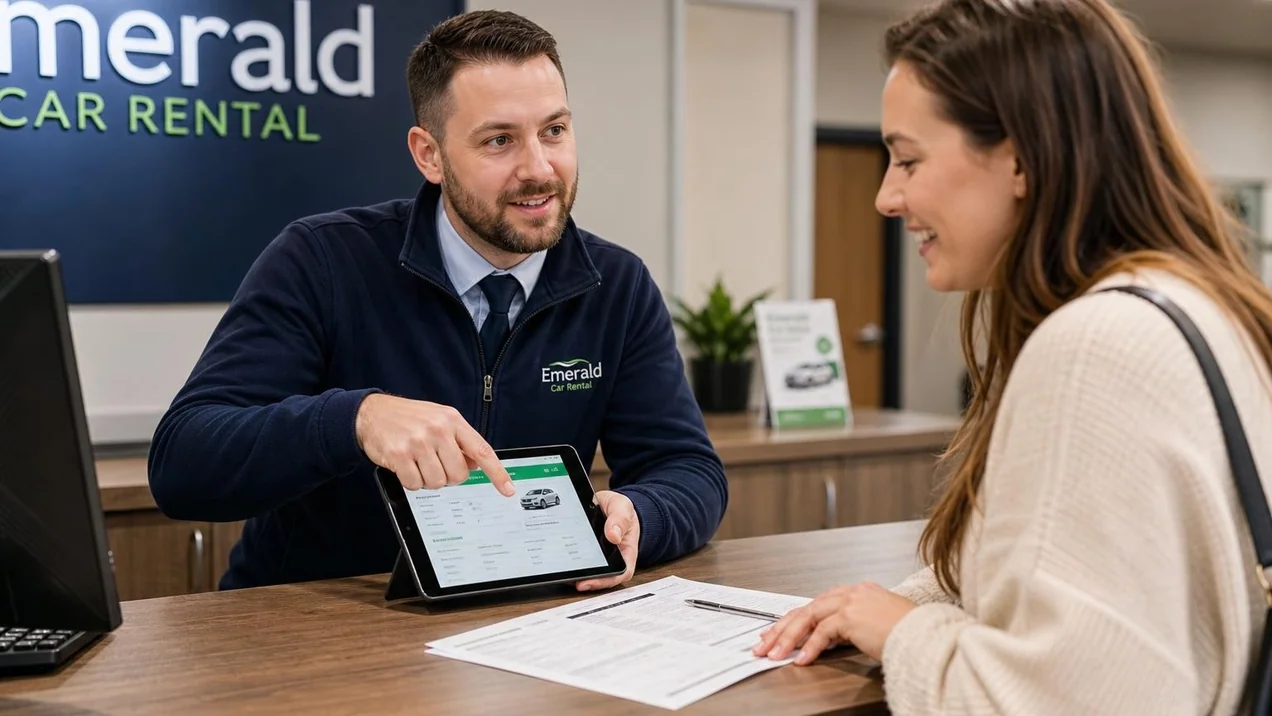 A friendly Irish rental agent at a car rental desk showing paperwork on a tablet to a smiling traveller. Clean desk with warm lighting.