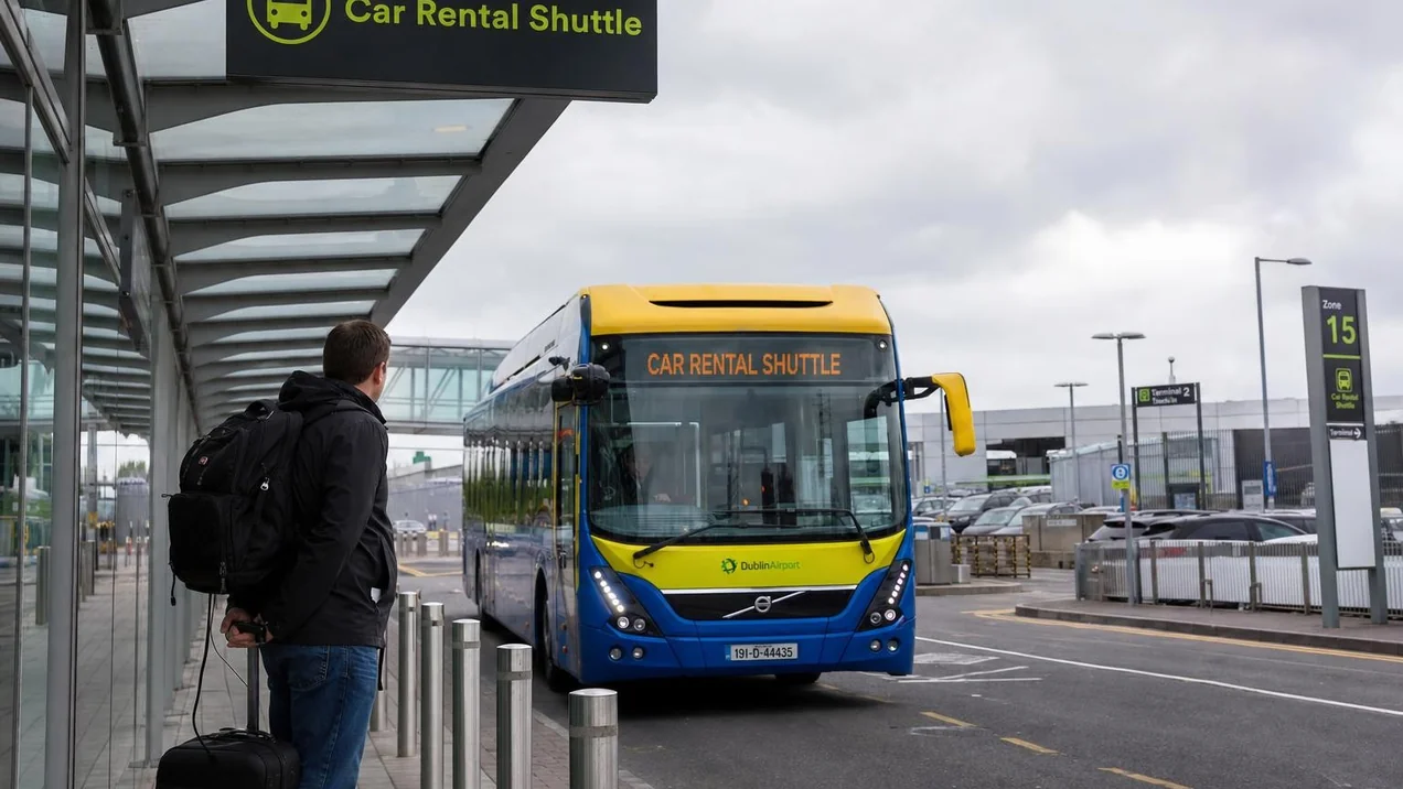 A traveller standing at a covered outdoor bus stop at Dublin Airport with a Car Rental Shuttle sign overhead, a blue-and-yellow shuttle bus approaching.