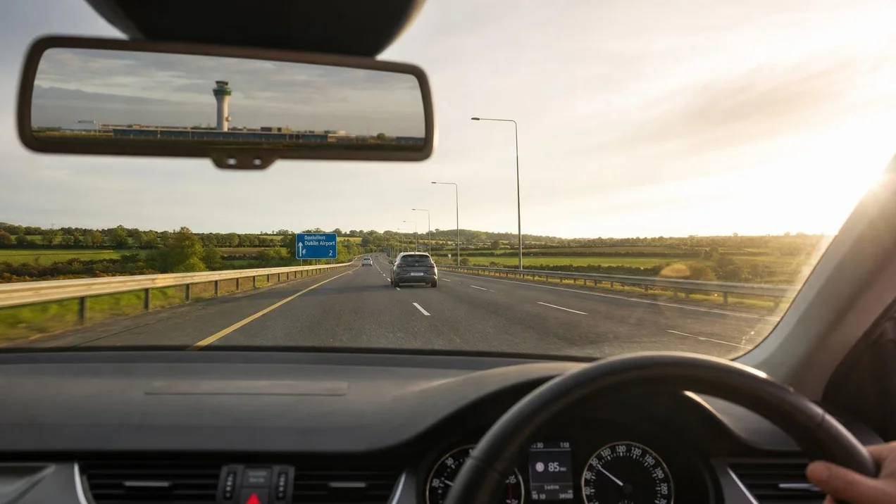 A rental car driving away from Dublin Airport on a motorway, the control tower visible in the rearview mirror, green fields on both sides.
