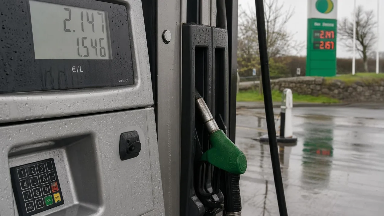 Close-up of a fuel pump at an Irish petrol station on a rainy day, price display showing per-litre cost. No people visible. Documentary style, natural light.