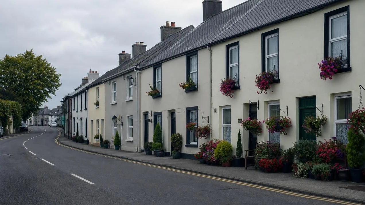 Traditional Irish town with a row of guesthouses and B&Bs along a main street, flowering window boxes. Daytime, overcast. No people. Documentary style.