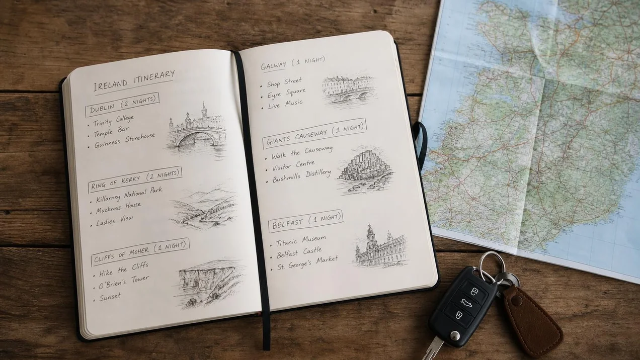 A neatly laid-out notebook with handwritten itinerary notes about a trip to Ireland, car keys and a small map beside it. Flat-lay style, natural daylight, no people.