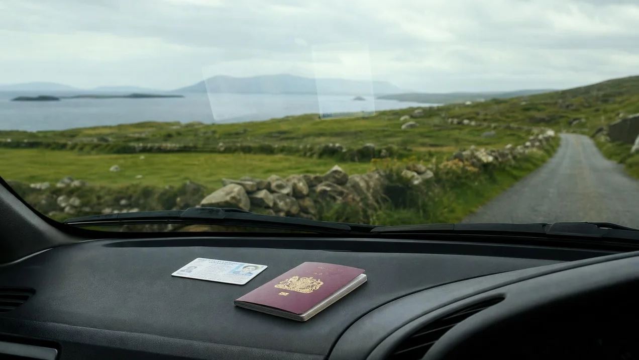 A driver's licence and passport laid out on a car dashboard, reflections of green fields visible on the windscreen. Natural light, documentary style.