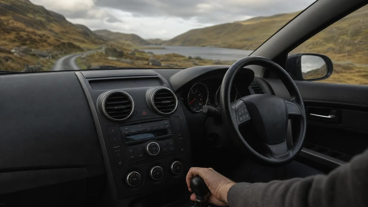 Driver's hand on a manual gear stick in a modern car, Irish countryside visible through the windscreen. No branding. Natural light, documentary style.