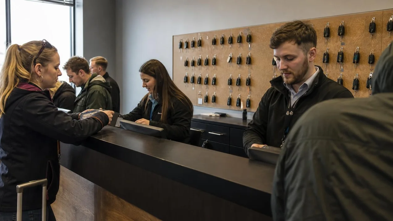 A busy rental car office counter with staff and customers visible, a cork board with keys behind them. Indoor lighting, documentary style.