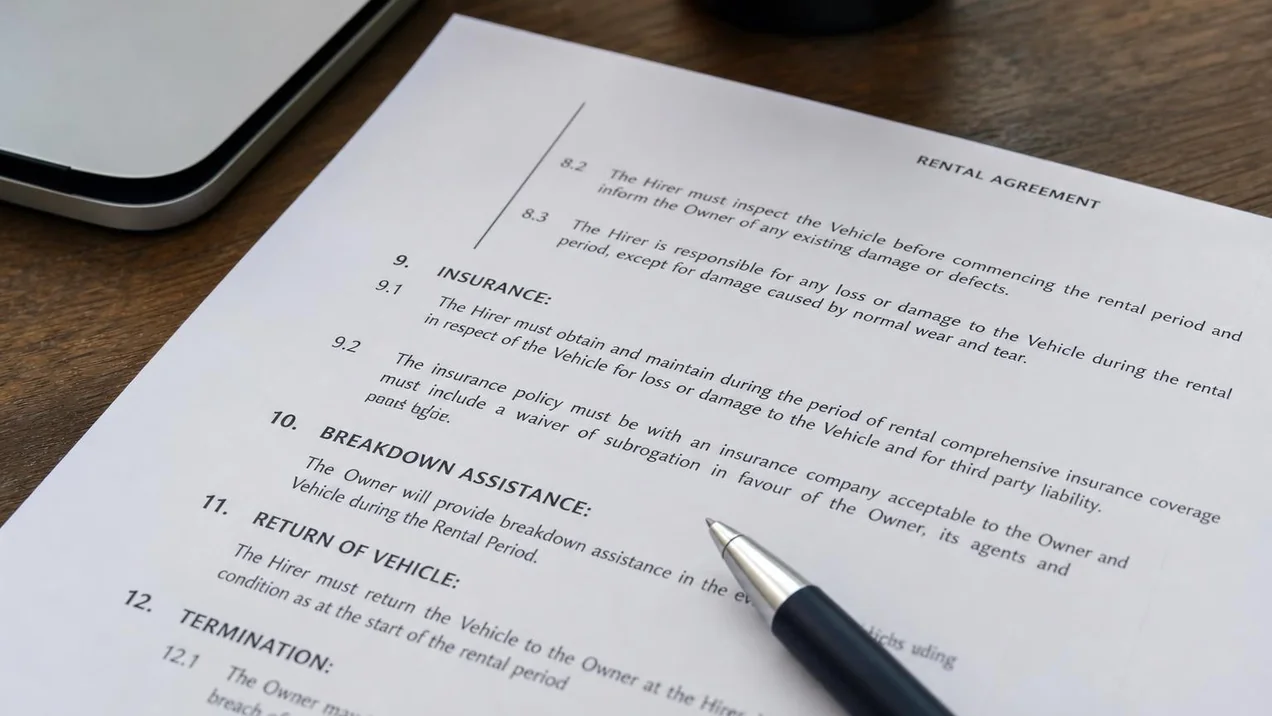 Close-up of a rental agreement document with the insurance terms section visible, a pen resting on the page. Desk setting, documentary style.