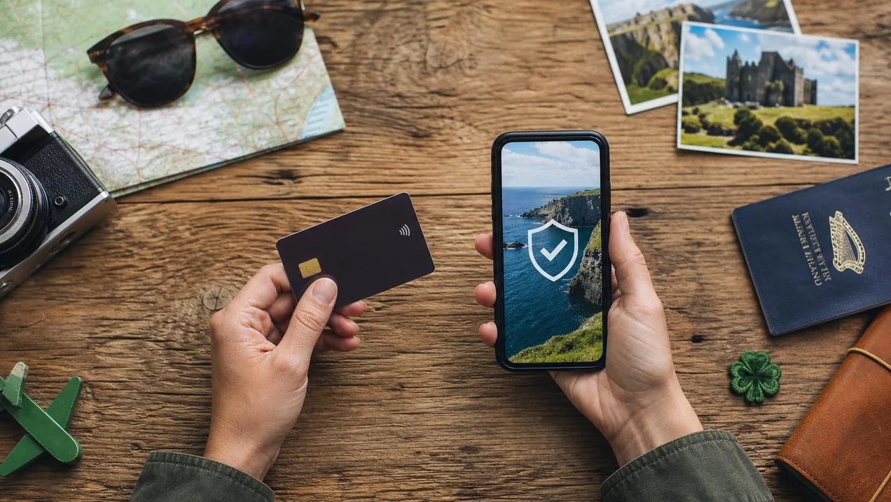 A person holding a credit card and a mobile phone showing a travel insurance policy on screen, over a wooden table. Natural light, flat-lay style.