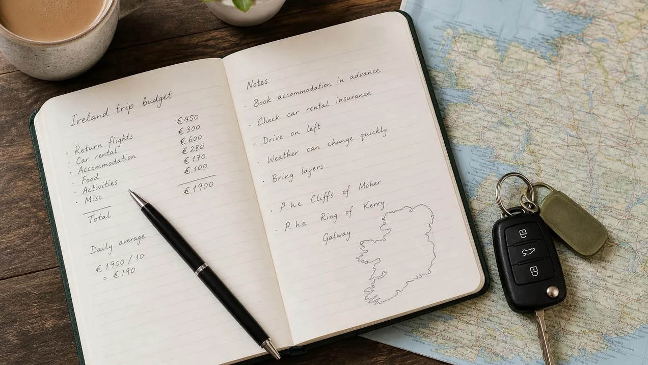 A neatly laid-out notebook with handwritten budget notes, car keys and a map beside it. Flat-lay style, natural daylight, no people.