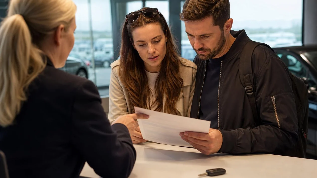 A couple looking at a rental agreement at the car hire desk, a car key on the counter beside them. Indoor lighting, documentary style. No identifiable branding.