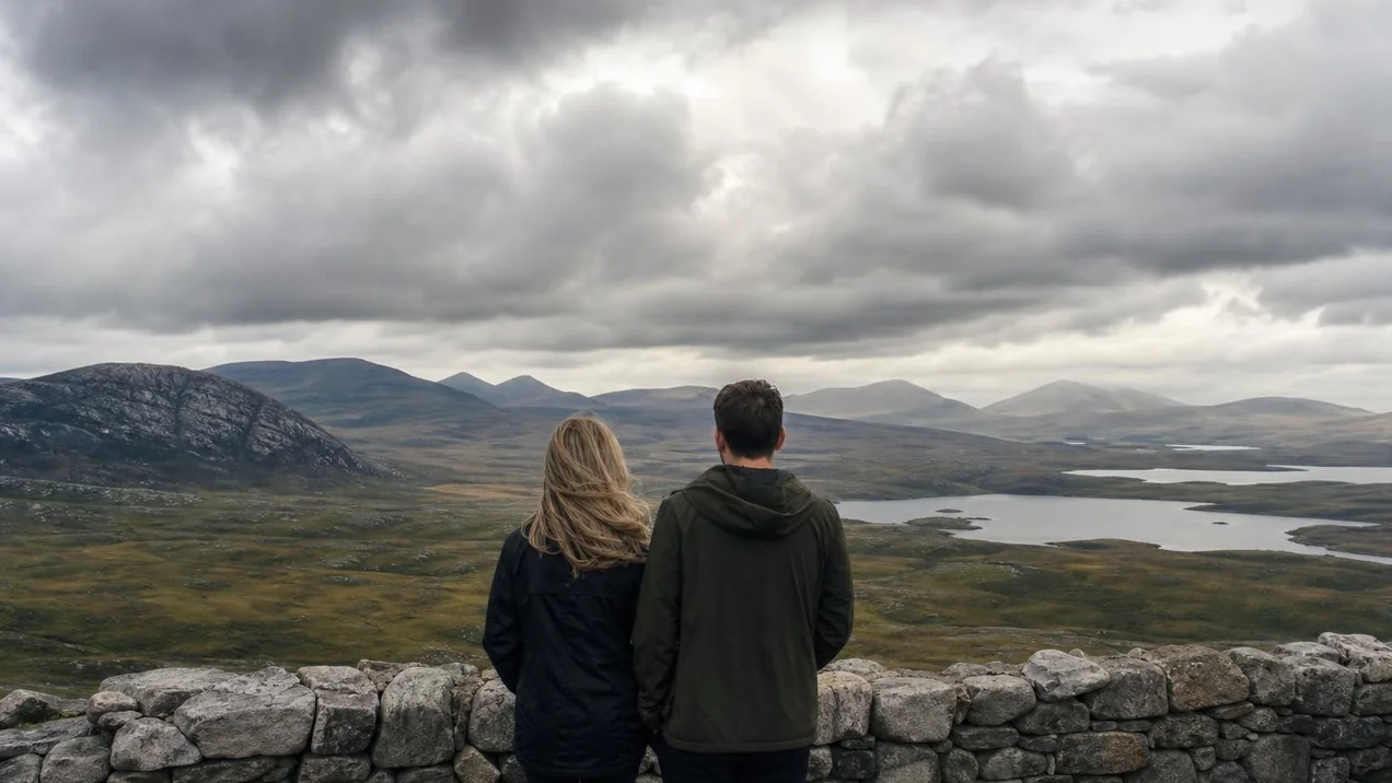 A couple at a scenic viewpoint in Connemara, looking out over a valley, stone wall in the foreground. Back view, no faces. Overcast dramatic sky.