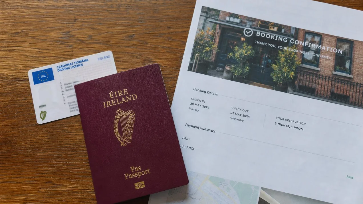 A driver's licence, passport, and booking confirmation laid out on a wooden table. Natural daylight, flat-lay style. No people.