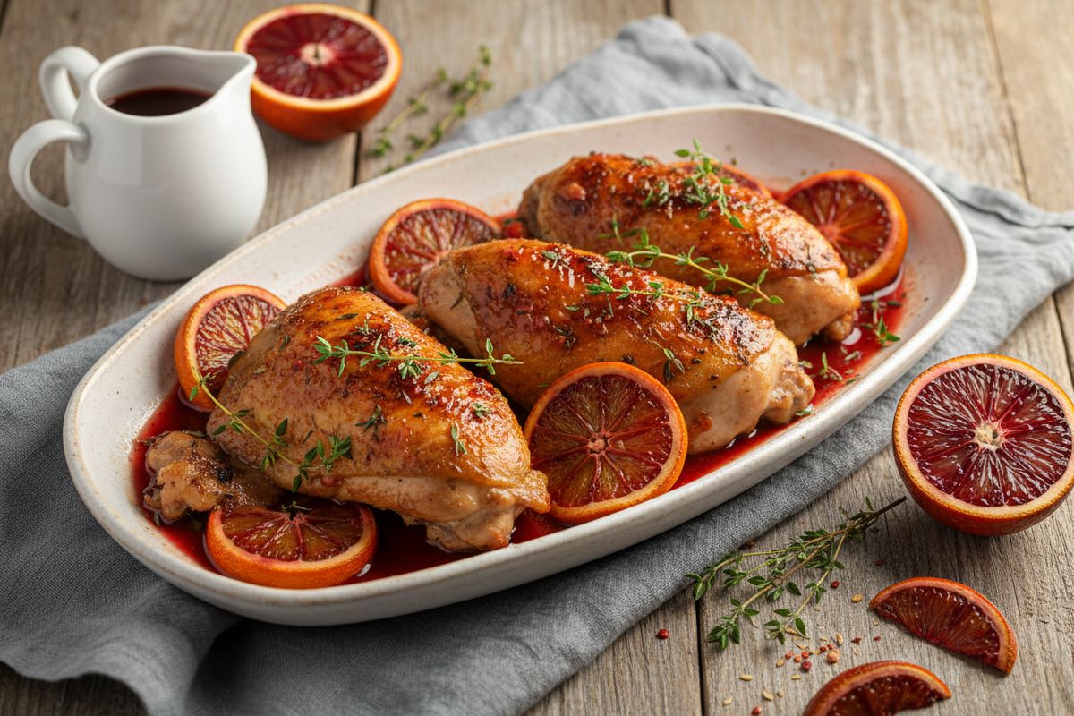 Mehevä veriappelsiinibroileri uunissa – raikas sitrusinen juhlaruoka, joka valmistuu vaivattomasti puolessa tunnissa.