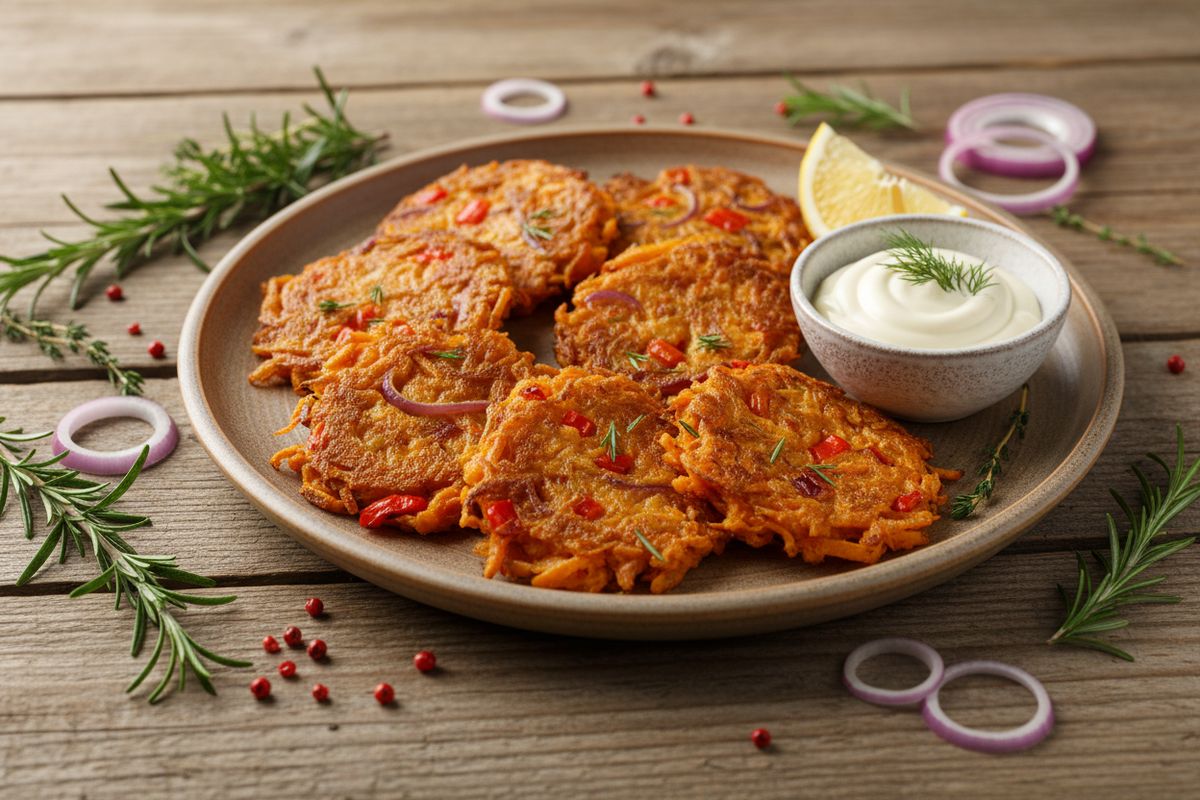 Rapeita bataattiröstejä punasipulilla, paprikalla ja inkiväärillä – tarjoillaan kotitekoisen tillimajoneesin kera.