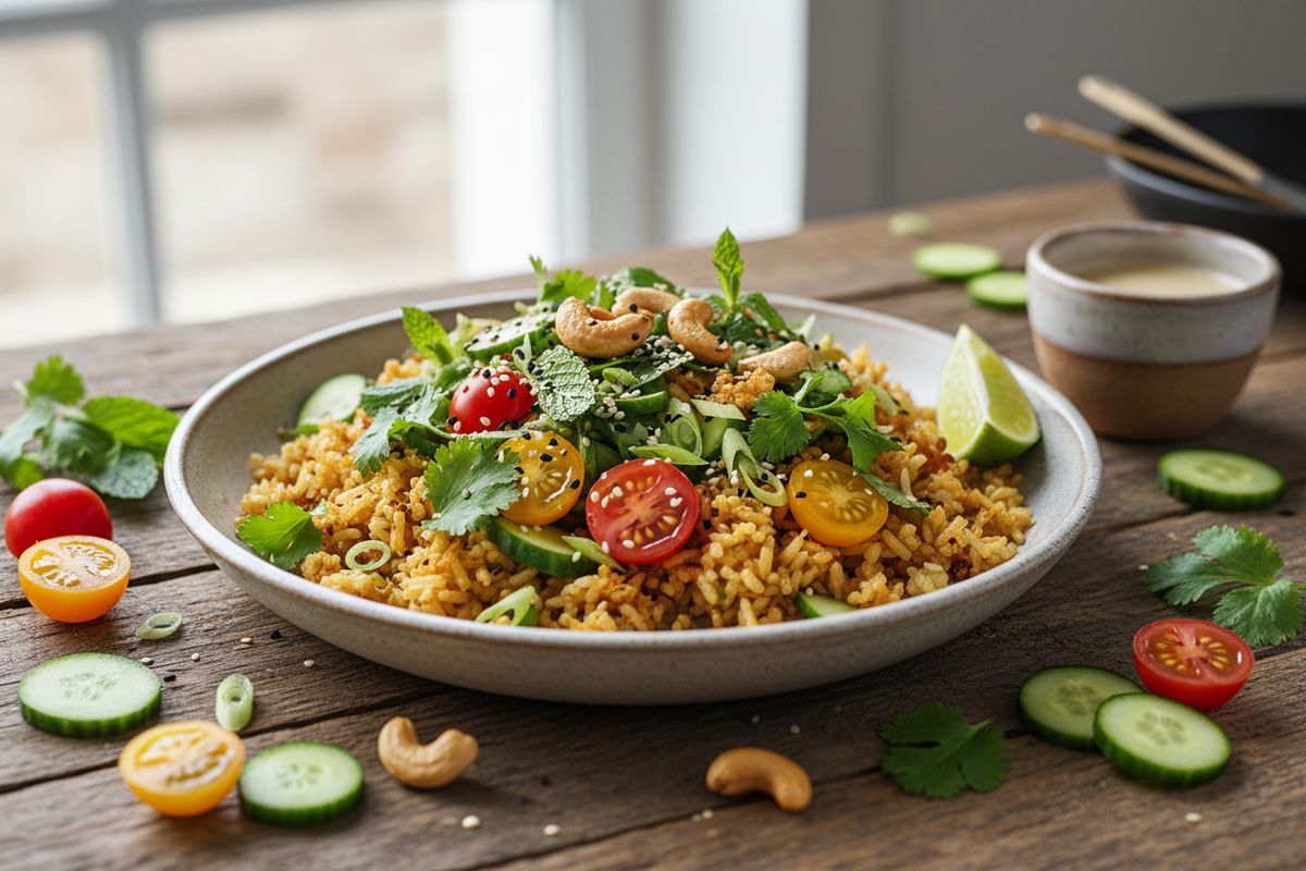 Rapea riisisalaatti tuoreilla yrteillä