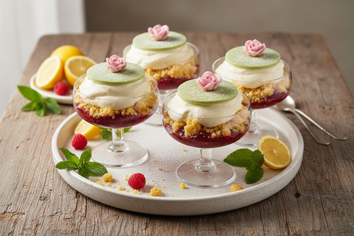 Näyttävä prinsessakakku valmistuu annoslaseihin sitruunakakusta, vaniljakermasta, vadelmahillosta ja vihreiden marsipaanilevyjen kera – juhlapöydän helmeksi puolessa tunnissa.