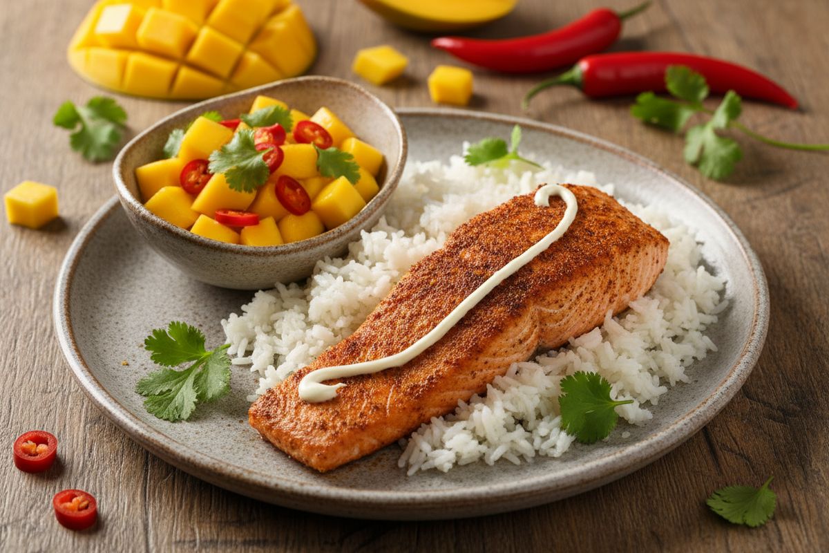 Tulisella cajunmausteella paistettu lohi ja makea mangosalsa yhdistyvät tässä helpossa mutta näyttävässä arkiluksusannoksessa.