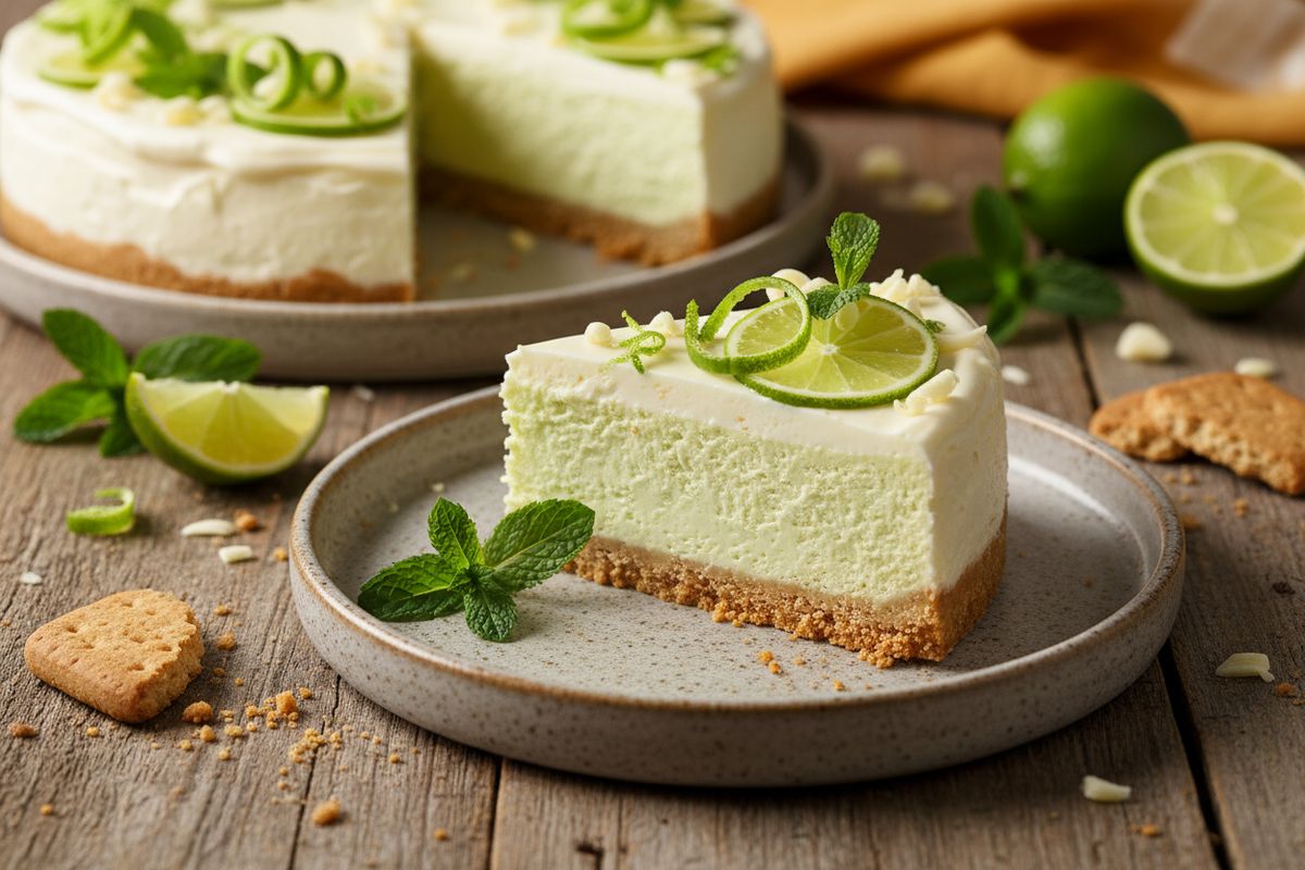 Ilman uunia valmistuva Key Lime -juustokakku valkosuklaa-limerahkalla on juhlapöydän upein ja raikkain jälkiruoka.