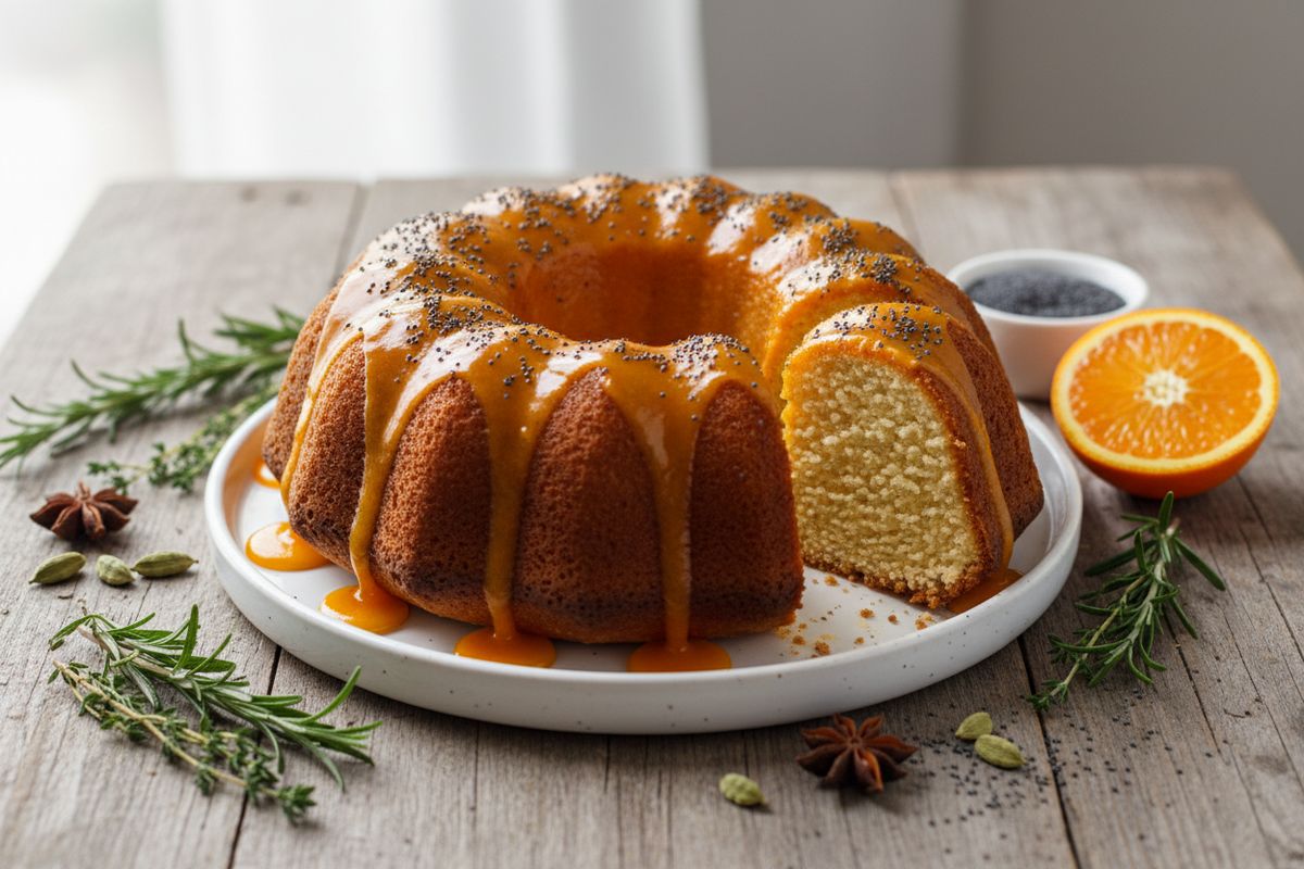 Aromaattinen appelsiini-unikonsiemenkakku appelsiinisiirappikuorrutuksella – klassinen leivonnainen parhaimmillaan.