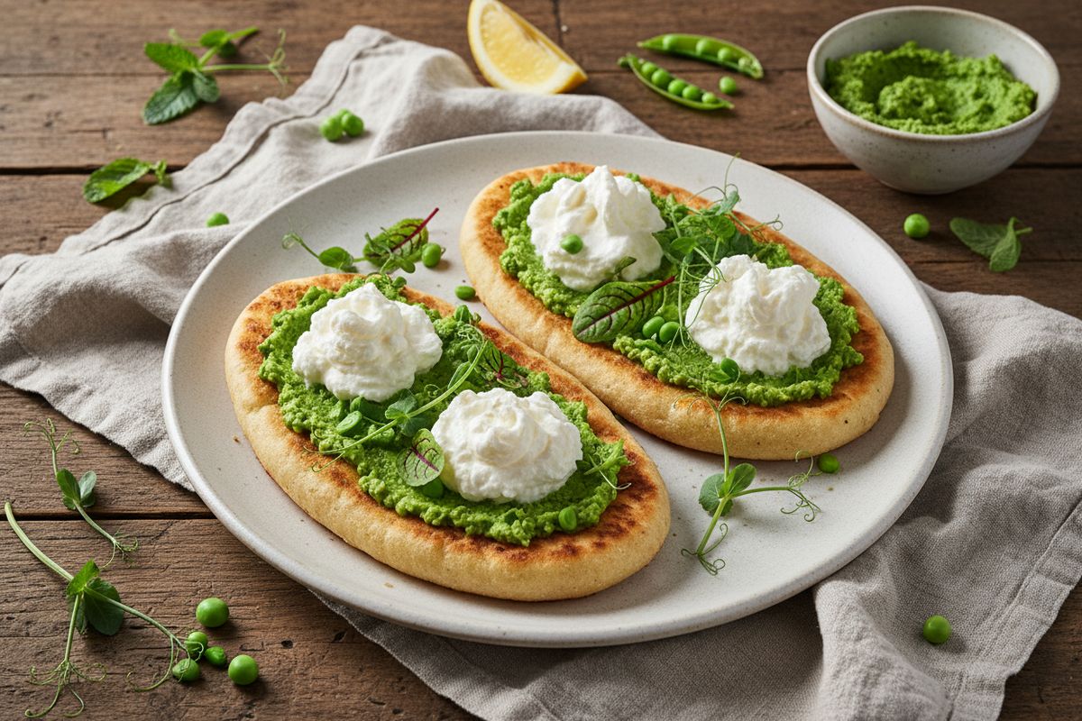 Rapsakalle rieskalle levitetty silkinpehmeä hernetahna ja kuohkea fetavaahto – vaikuttava kasvisannos muutamassa minuutissa.