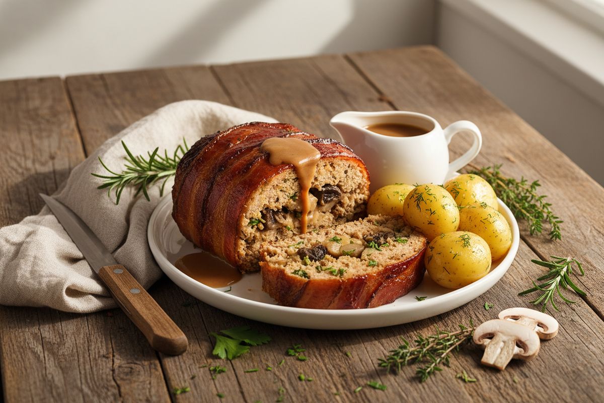 Mehevä perinteinen lihamureke sieni-sipulitäytteellä ja rapsakalla pekonipinnalla – sukupolvien klassikko parhaimmillaan.