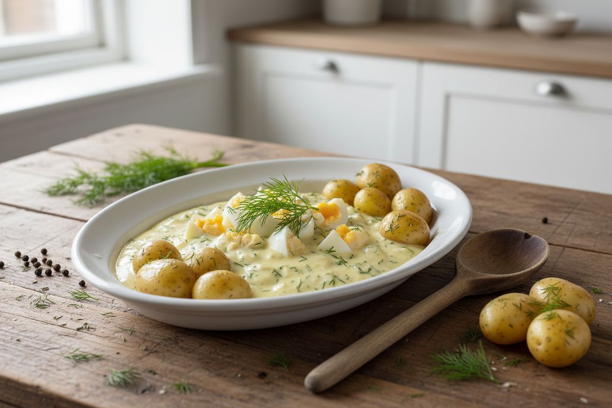 Samettinen isoäidin kananmunakastike – suomalaisen kotiruoan timanttiresepti keitetyille perunoille ja vaalealle kalalle.