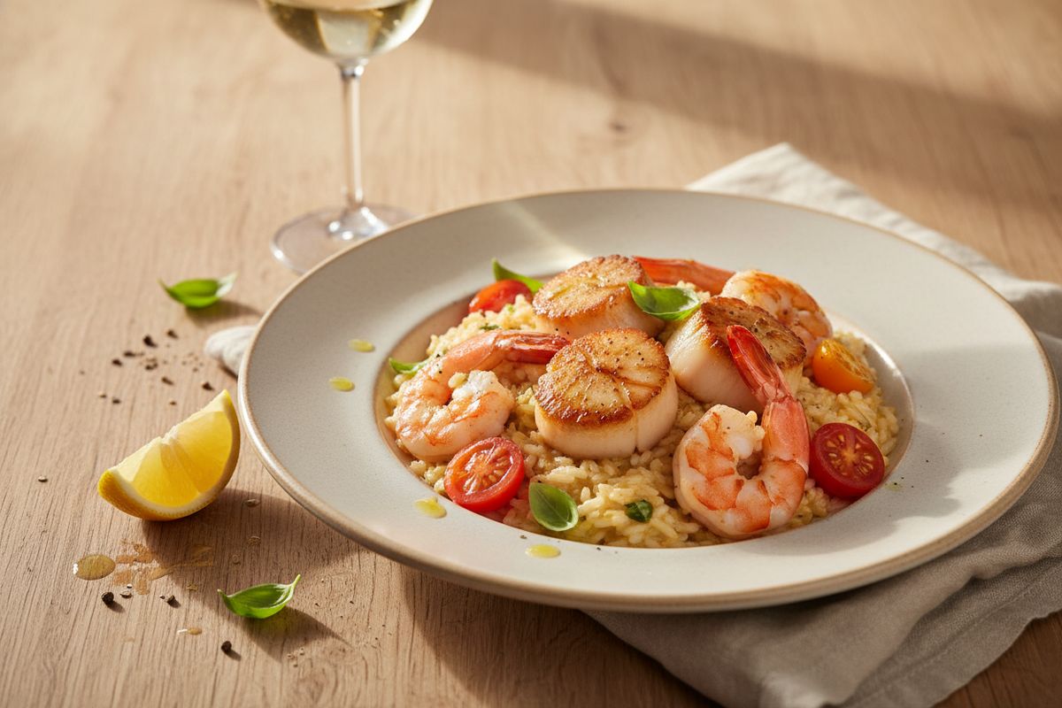 Ylellinen risotto frutti di mare kampasimpukoilla, isoilla katkaravuilla ja kirsikkatomaateilla – italialaisen meriherkkuruoan paras versio kotikeittiöstäsi.