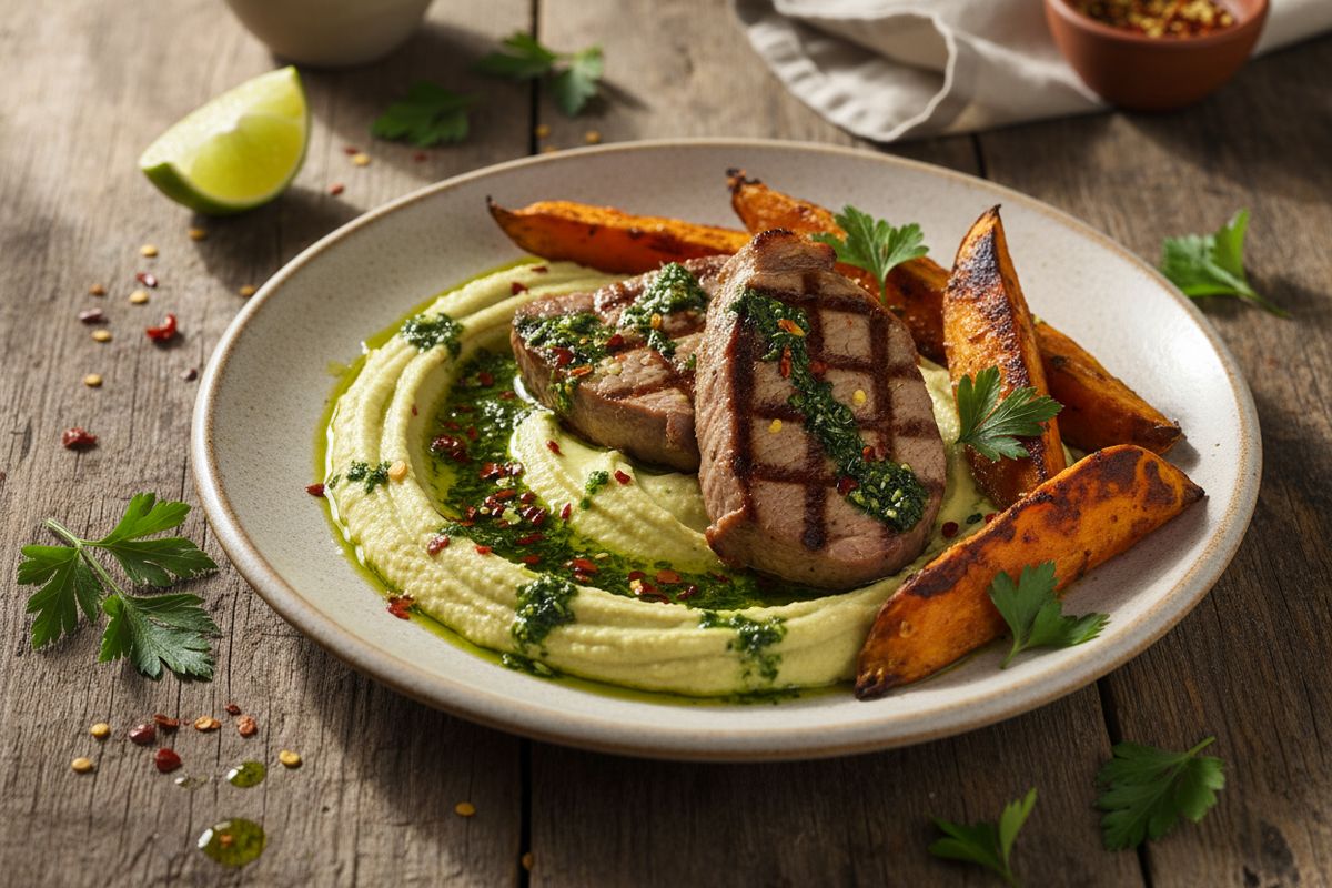 Yhden pellin possupaistos tarjoilee mehevät kasslerpihvit paahdetun bataatin, aromaattisen yrttiöljyn ja samettisen limehumuksen kera – vaivaton mutta juhlavan elegantti kokonaisuus.