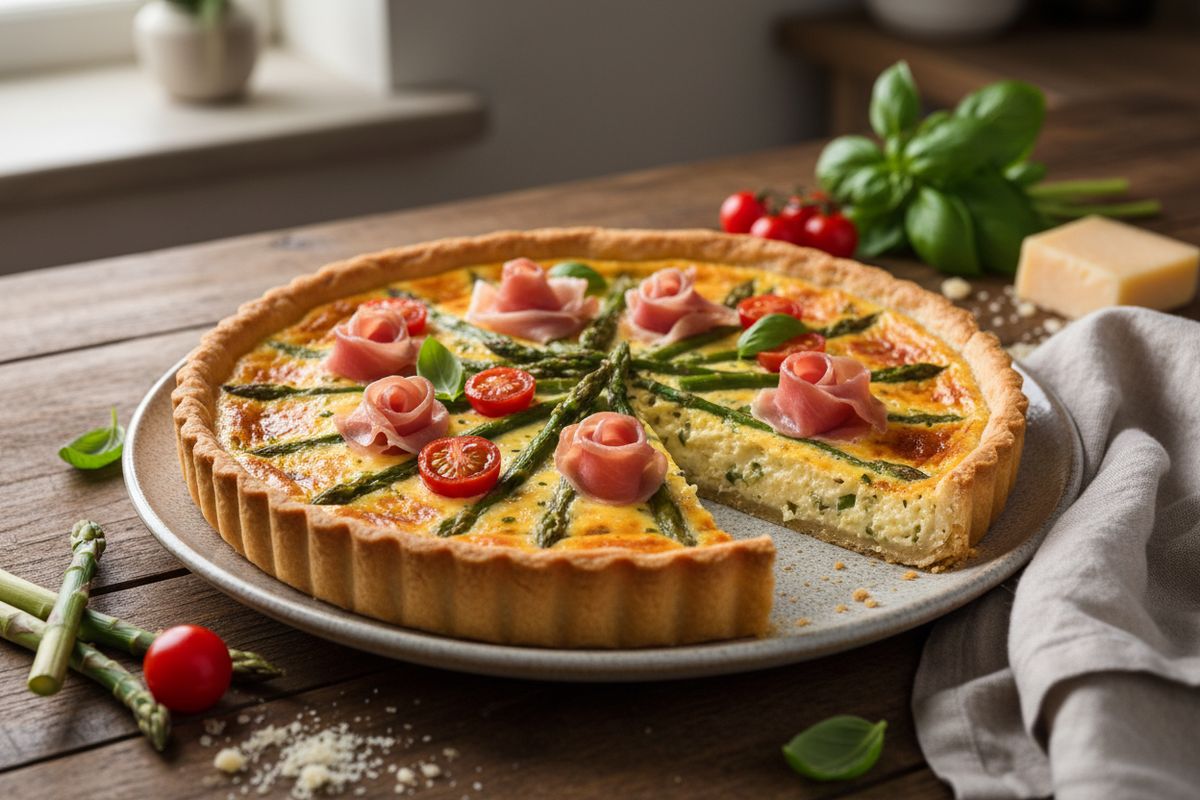 Kermainen ja täyteläinen parmankinkku-parsapiirakka grilllattujen vihannesten ja tuoreen basilikan kera – pöydän ehdoton kruunu.