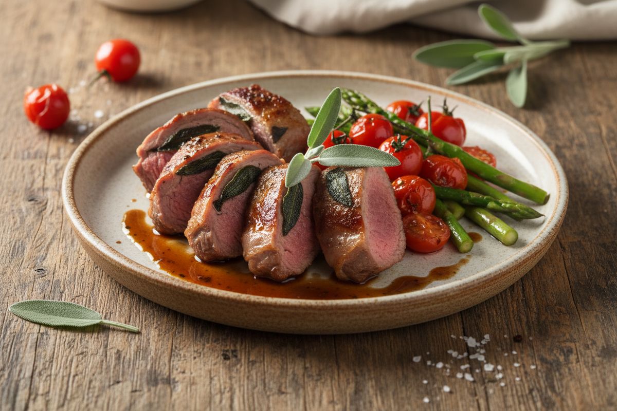 Karitsan ulkofileestä valmistettu saltimbocca on italialainen klassikko parhaimmillaan – mehevää lihaa, prosciuttoa ja tuoretta salviaa pannukastikkeessa.