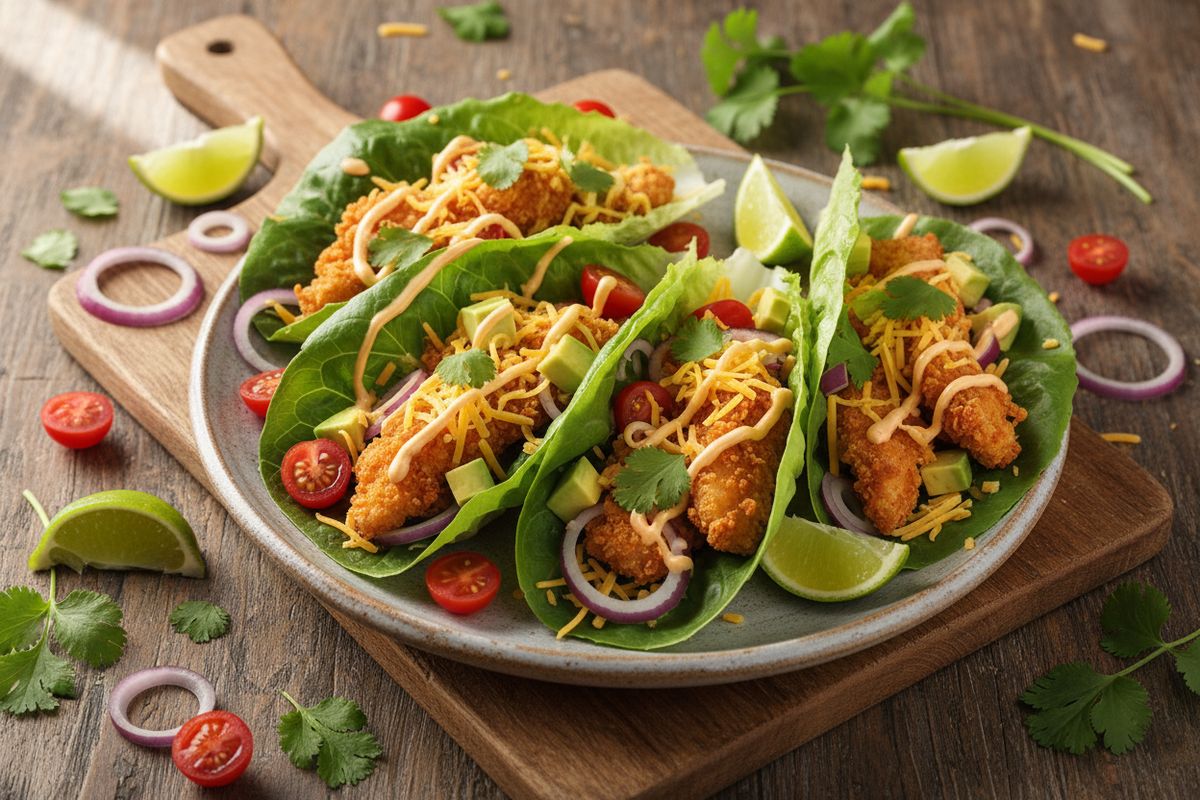 Rapeat, maukkaat kana-salaattitacot jääsalaatinlehdillä – helppo ja elegantti arkiruoka täyteläisellä chilikastikkeella.