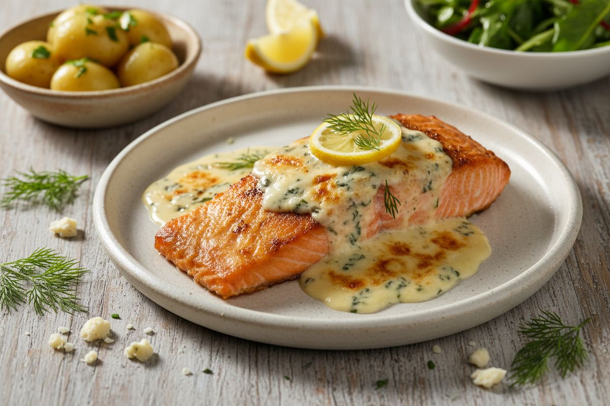 Kermainen aurajuustolohi uunissa – mehevä lohifile aurajuustolla ja ruokakermalla, helppo ja maukas arjen päätähti.