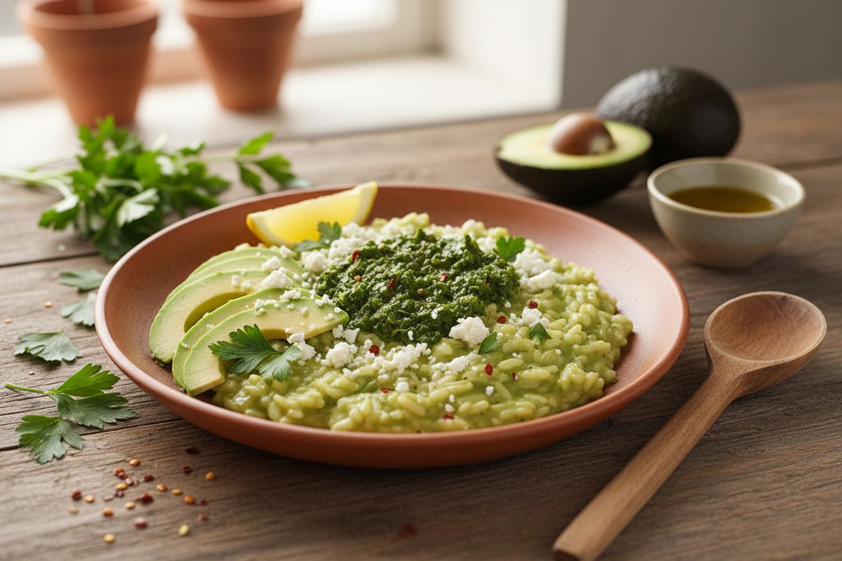 Argentiinalaisesta ruokakulttuurista inspiroitunut chimichurririsotto, jossa yrttiset maut, kermainen avokado ja hapokas salaattijuusto luovat täydellisen makuyhdistelmän.