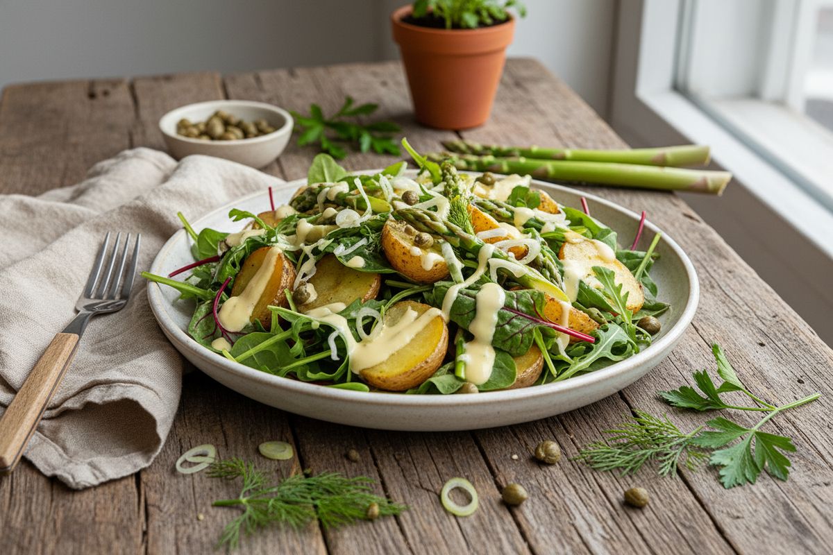 Keväinen peruna-parsasalaatti on kermainen, raikas ja helppo lisuke, joka tuo sesongin parhaat maut suoraan parhaaseen pöytään.
