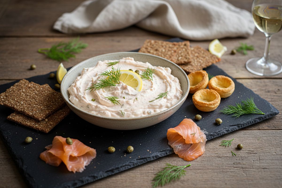 Ylellinen lohitahna, joka sopii täydellisesti crustadeille, ruisnapeille ja voileipäkakun täytteeksi juhlavan pöydän kruunuksi.