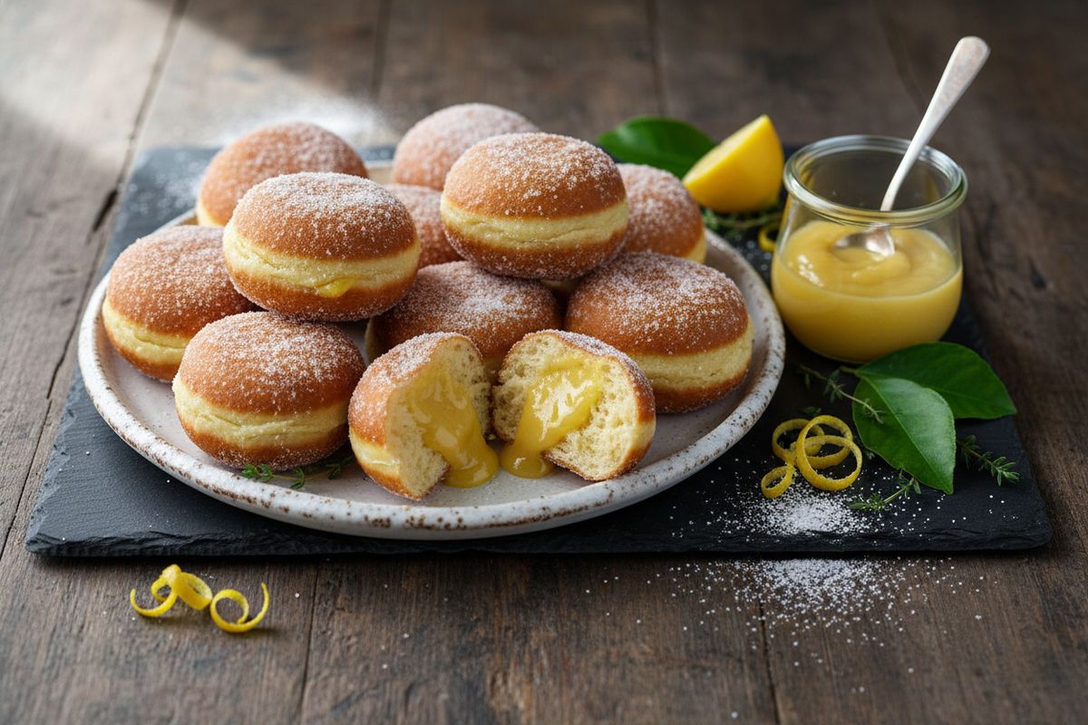 Kuohkeat, lemon curd -tahnalla täytetyt munkit – herkullinen kotileivonnainen parhaaseen pöytään.