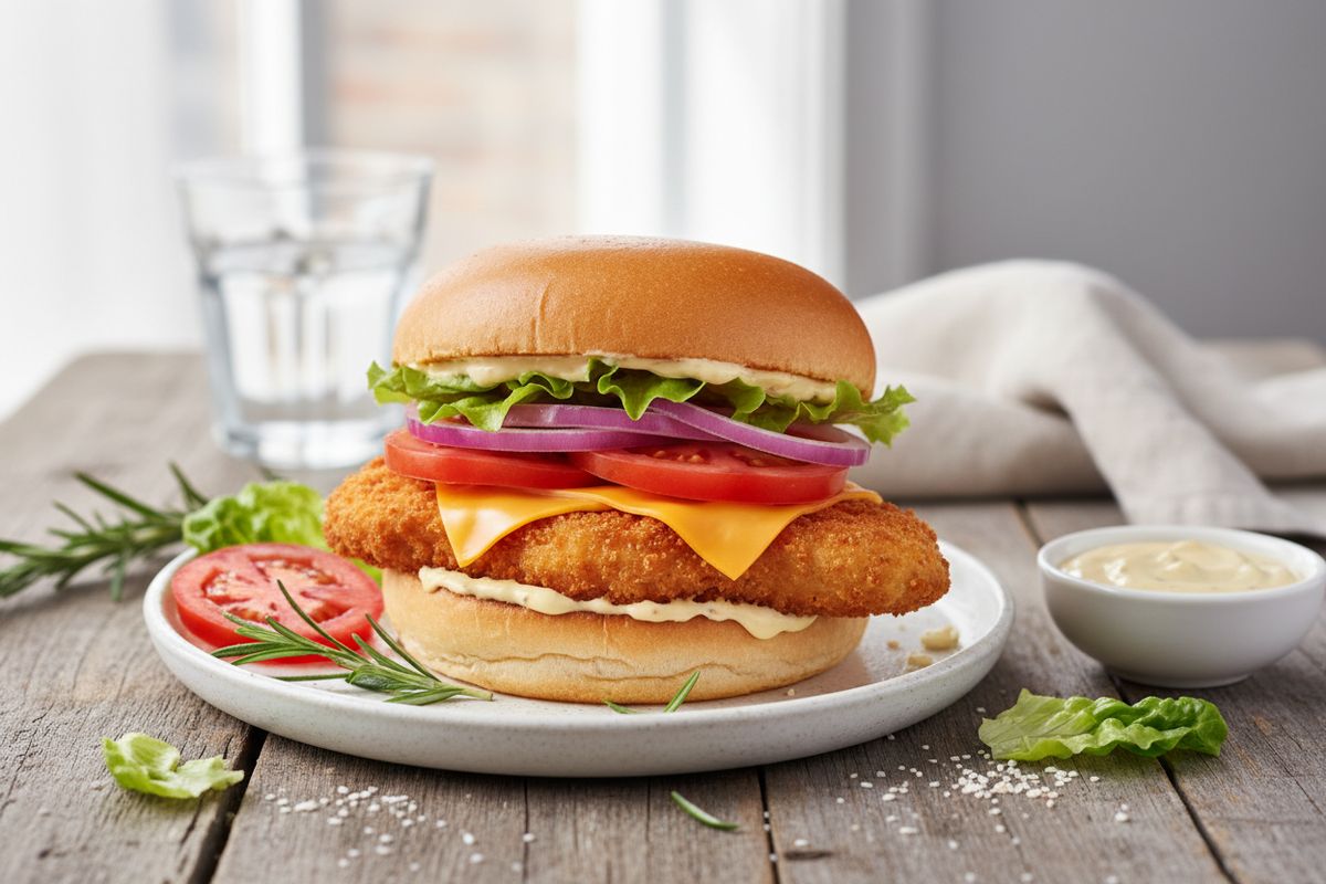 Rapea leivitetty kanafileepihvi ja sulava cheddar tekevät tästä burgerista täydellisen illallisen tai arjen herkun.