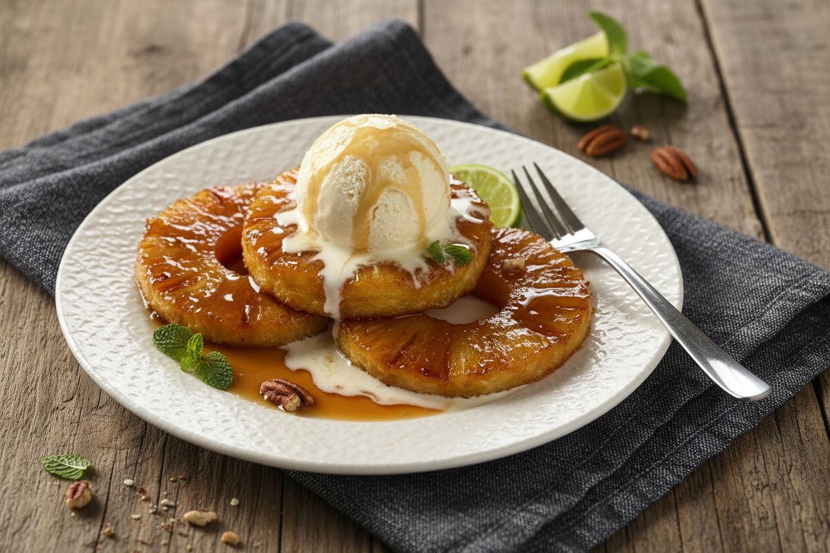 Pannulla karamellisoitujen ananasrenkaiden ja vaniljajäätelön yhdistelmä on nopea ja näyttävä jälkiruoka.